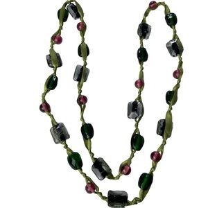 Multi-Colored Green Pink Crystal Glass Bead Necklace Green Ribbon‎ Long